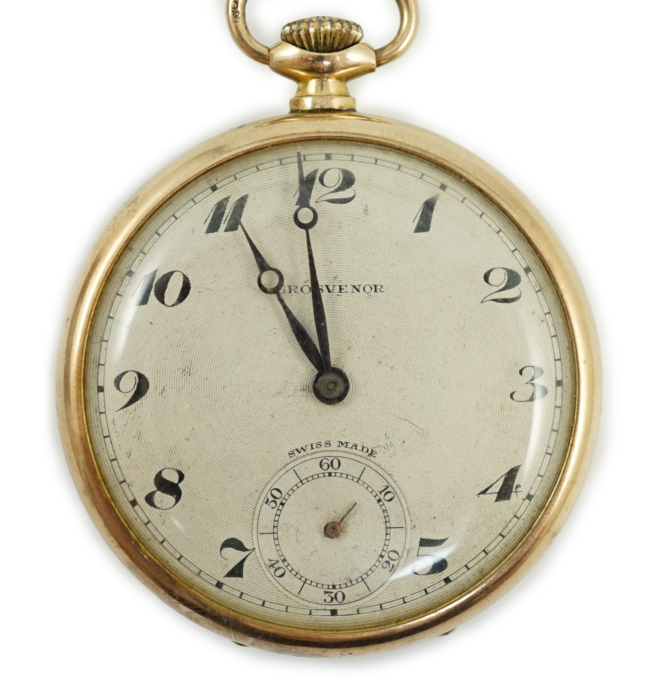 A George V 9ct gold Grosvenor open faced keyless dress pocket watch, case diameter 44mm, gross weight 49.7 grams.